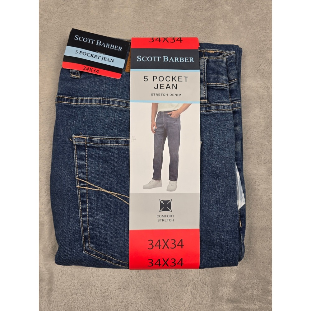 Scott Barber‎ 5 Pocket Jean Mens 34x34 Blue Straight Fit Comfort Stretch Denim